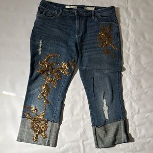 Pilcro Crop Cuff Hyphen Boyfriend Blue Jeans with Bronze Sequin Embellishments